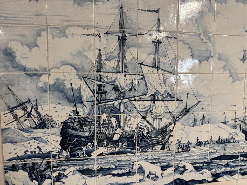 Reproductie tegeltableau walvisjacht voc schepen 143x78cm., Ophalen of Verzenden