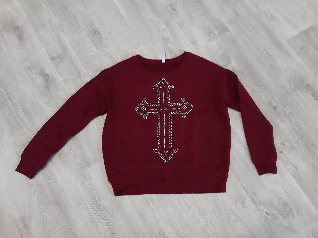 Dames trui - bordeaux rood met strass kruis - maat XS, Ophalen of Verzenden, Zo goed als nieuw, Maat 34 (XS) of kleiner, Rood