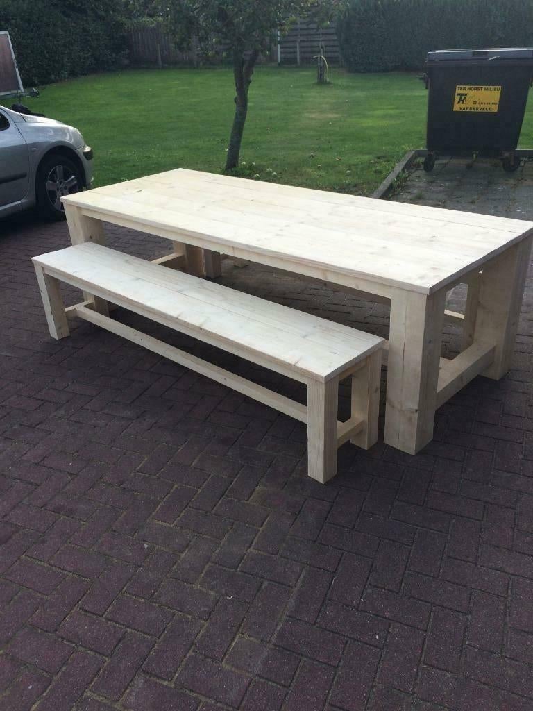 Tuinset / Steigerhouten kloostertafel met 2 kloosterbankje, Tuin en Terras, Ophalen of Verzenden, Gebruikt
