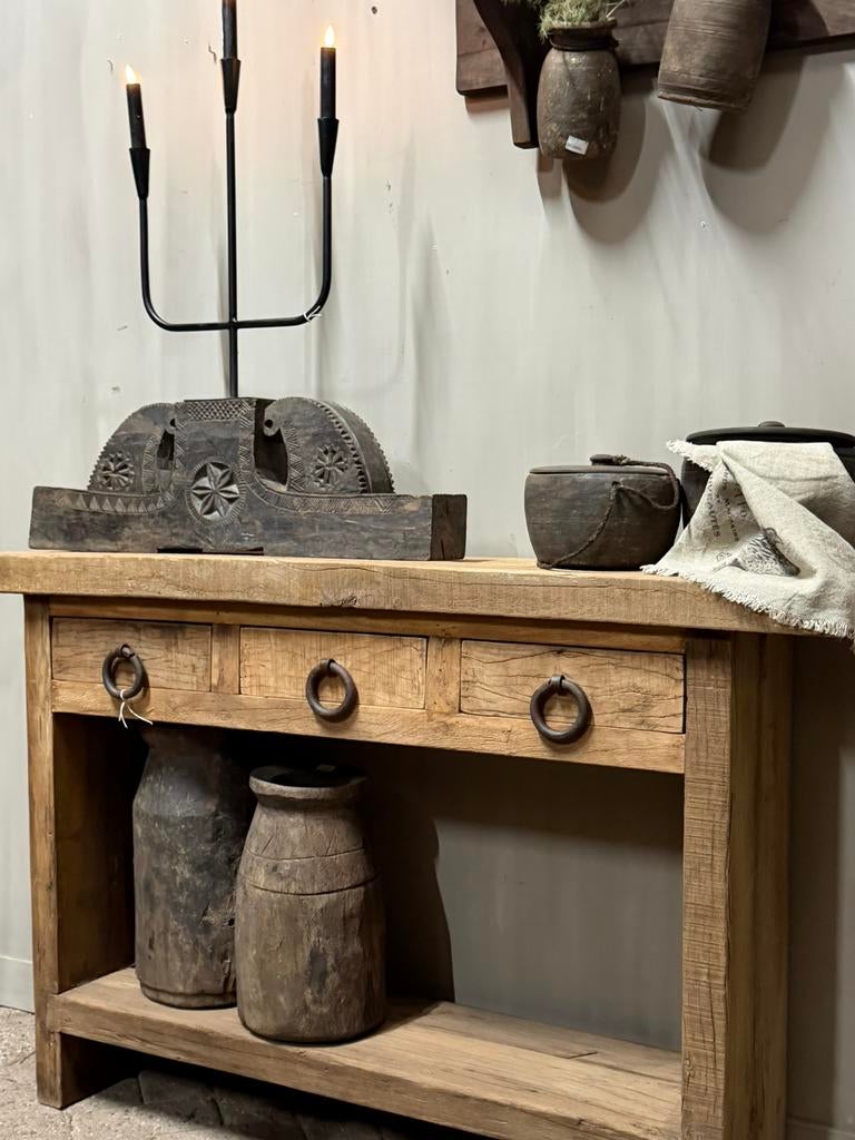 Zware teak sidetale met lade en schap stoer sober landelijk, Ophalen, 100 tot 150 cm, Teakhout, Nieuw