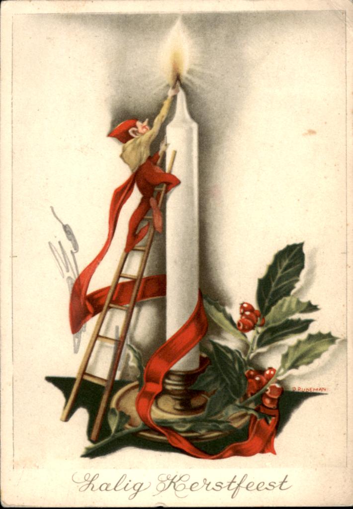 Voor het kind, kabouter ontsteekt kaars, Rudeman 1949, Verzenden, 1940 tot 1960, Gelopen, Feest(dag)