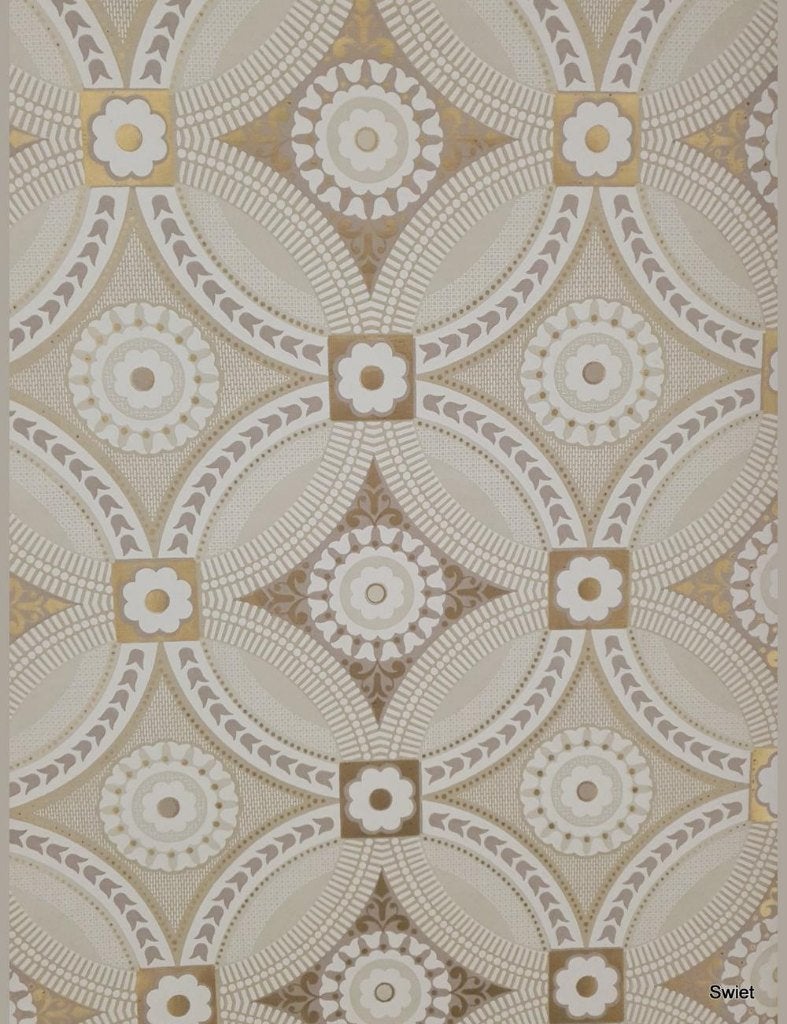 14011 seventies retro bloem cirkel patroon behang swiet, Ophalen of Verzenden, Beige