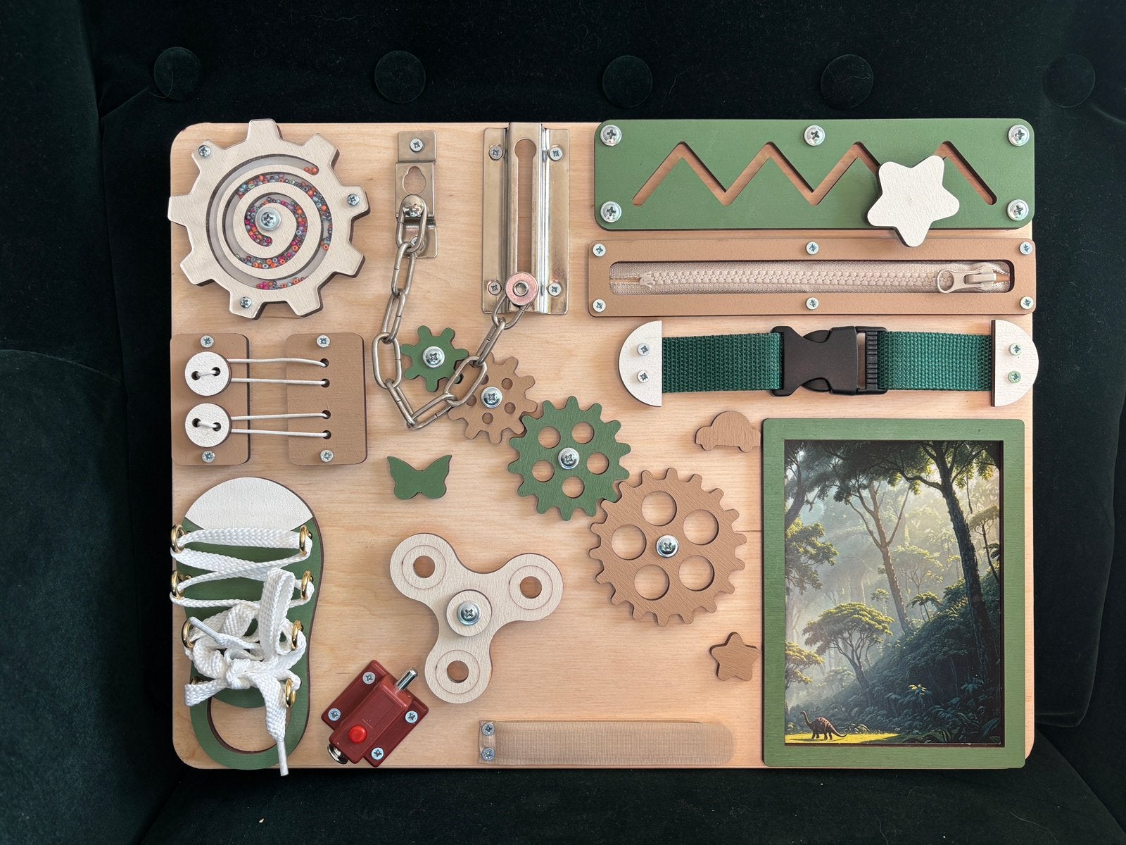 Busy board "Dinosaurussen". Montessori. Puzzels. Nieuw., Ophalen of Verzenden, 10 tot 50 stukjes, Nieuw, Van hout