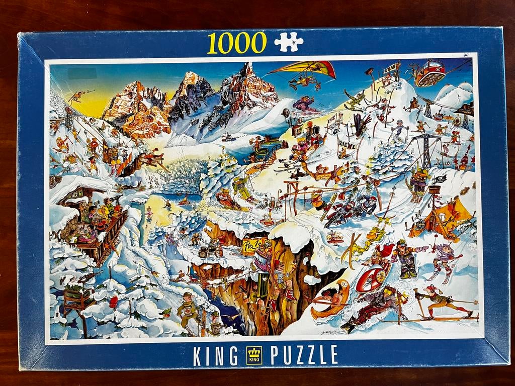 King cartoon puzzel wintersport 1000 stukjes, Ophalen of Verzenden, 500 t/m 1500 stukjes, Zo goed als nieuw, Legpuzzel
