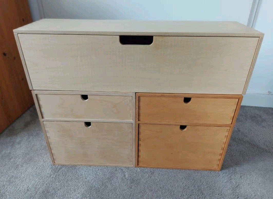3 houten ladenkastje moppe Vintage op een bureau jaren 90, Ophalen, Gebruikt, 50 tot 100 cm, Minder dan 100 cm