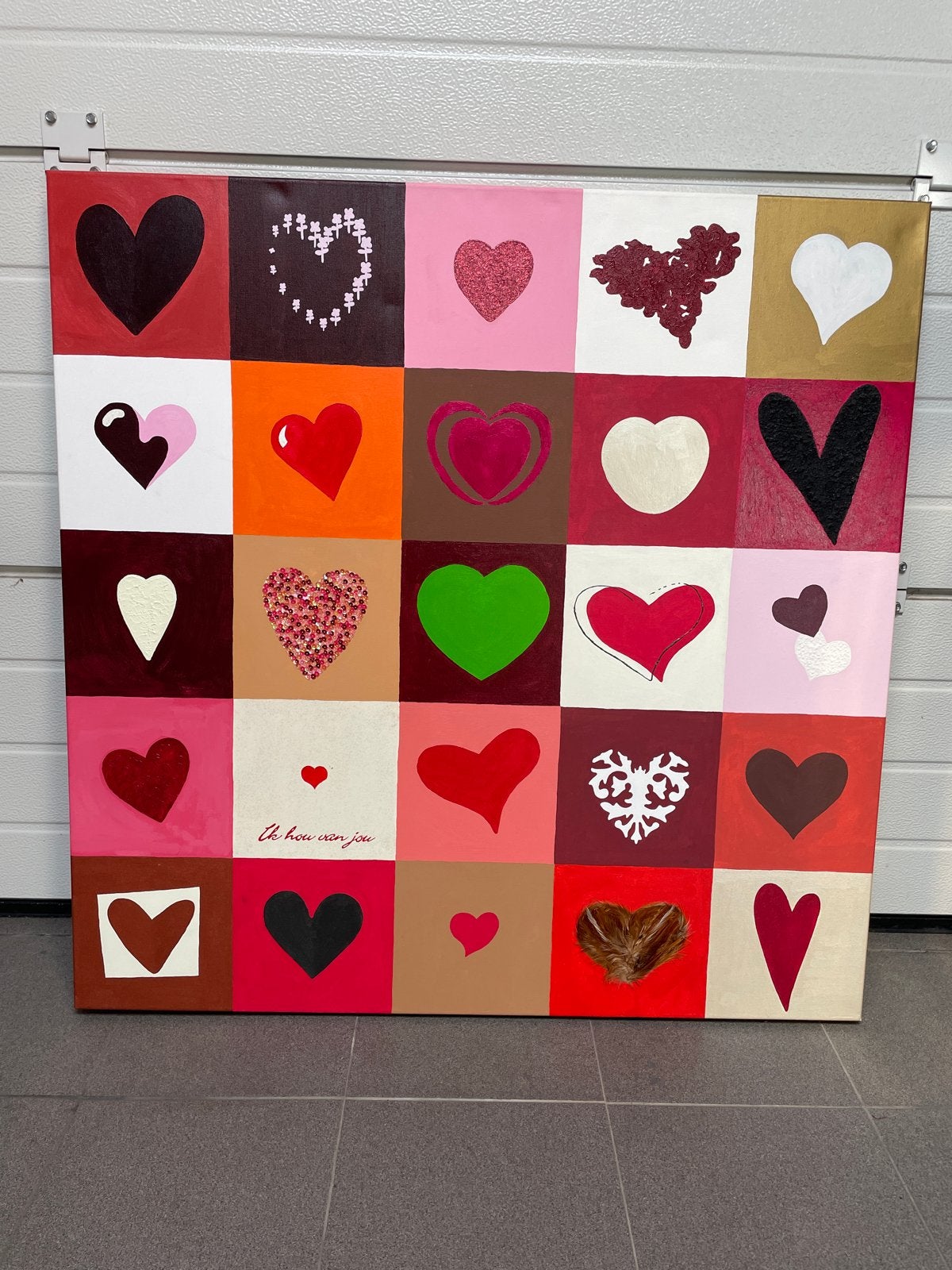 Hartjes Schilderij 1x1 meter - In goede staat, Ophalen, Overig onderwerp, Handgeschilderd, Gemengde techniek