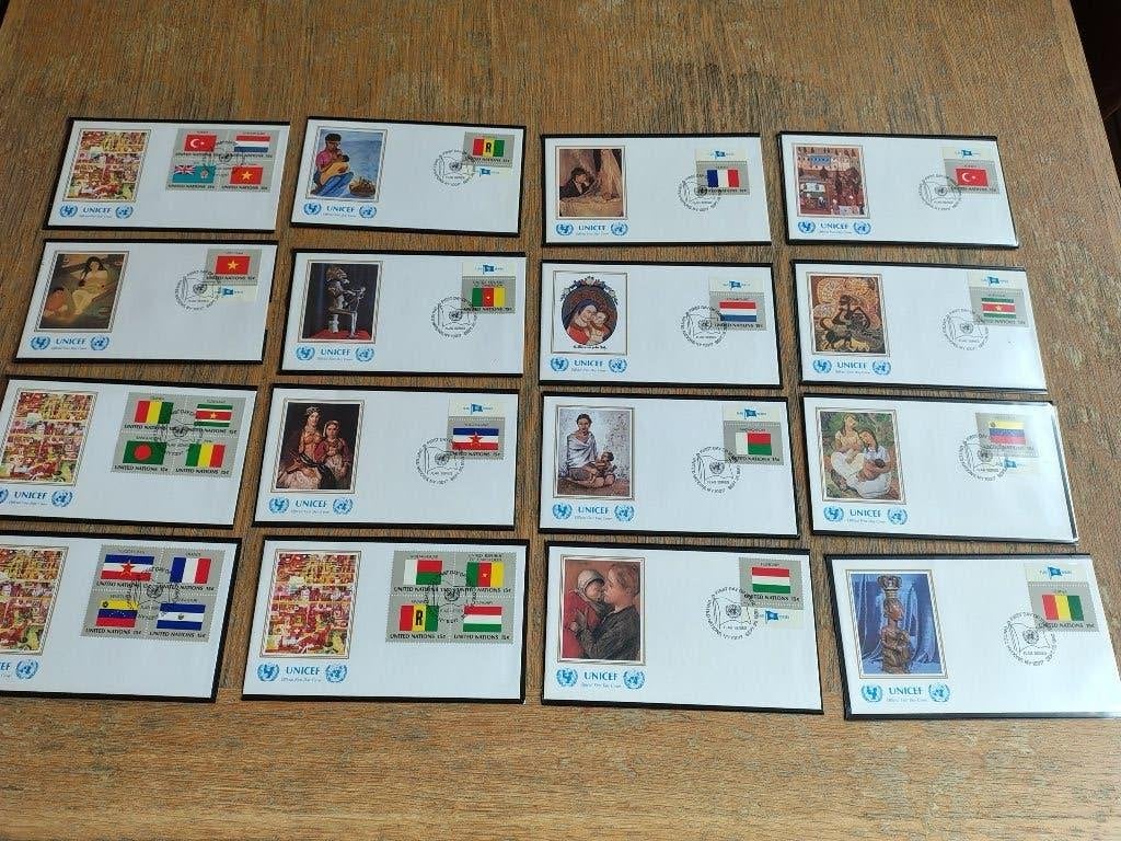 UN United Nations FDC NY UNICEF Cachet Flag Series x 16, Ophalen of Verzenden, Gestempeld, Overige thema's