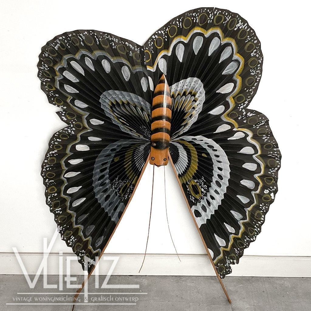 Vintage, retro decoratie vlinder waaier zwart papier hout, Verzamelen, Retro, Huis en Inrichting, Ophalen