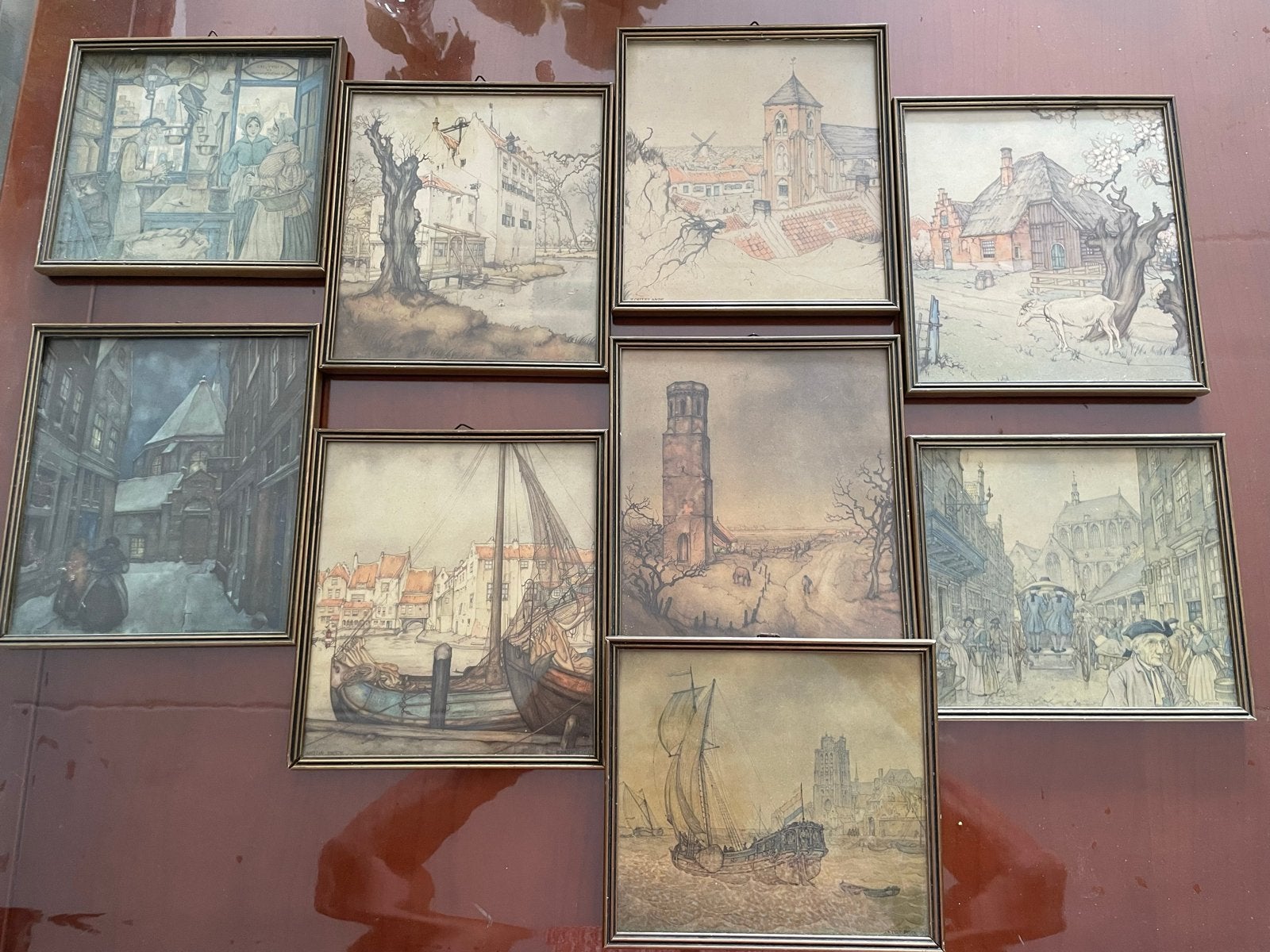 Set van 10 ingelijste tekeningen/prenten, diverse stadsgezic, Antiek en Kunst, Ophalen of Verzenden, Tekening, Gemengde techniek