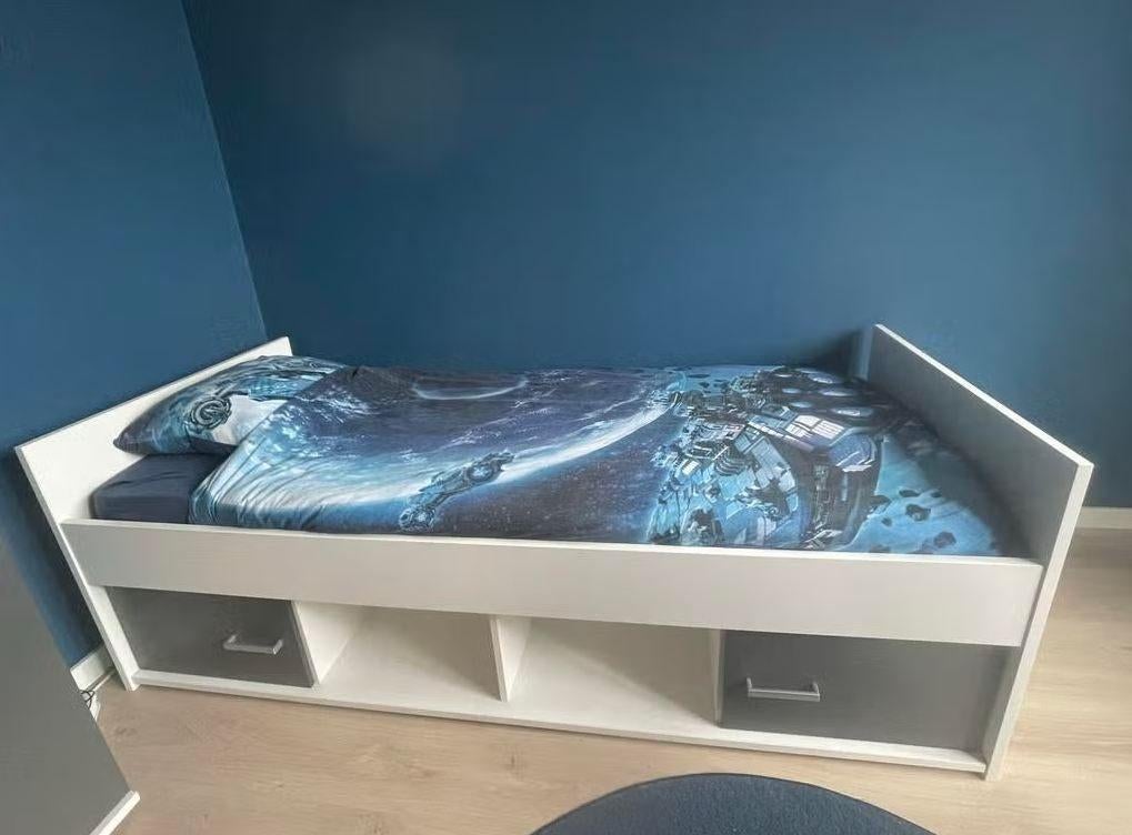 Eenpersoonsbed met kledingkast - Wit/Antraciet, Ophalen, Gebruikt, 90 cm, Eenpersoons