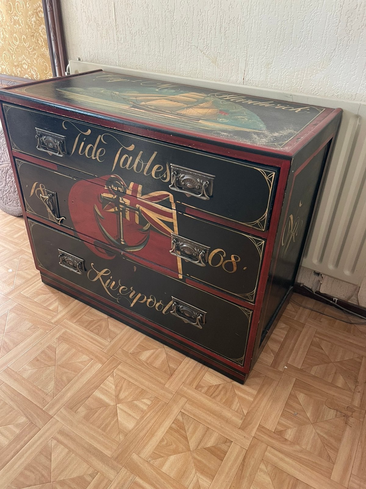 Maritieme Ladekast Nautical Chest Handbeschilderd 90x75x45cm, Verzamelen, Scheepvaart, Gebruikt, Overige typen, Ophalen