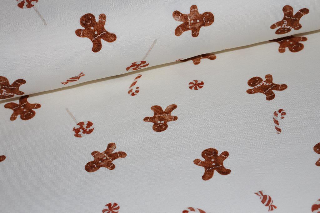 Family Fabrics French terry stof kerst Gingerbread Man #3665, Hobby en Vrije tijd, 120 cm of meer, Wit, Ophalen of Verzenden, Katoen