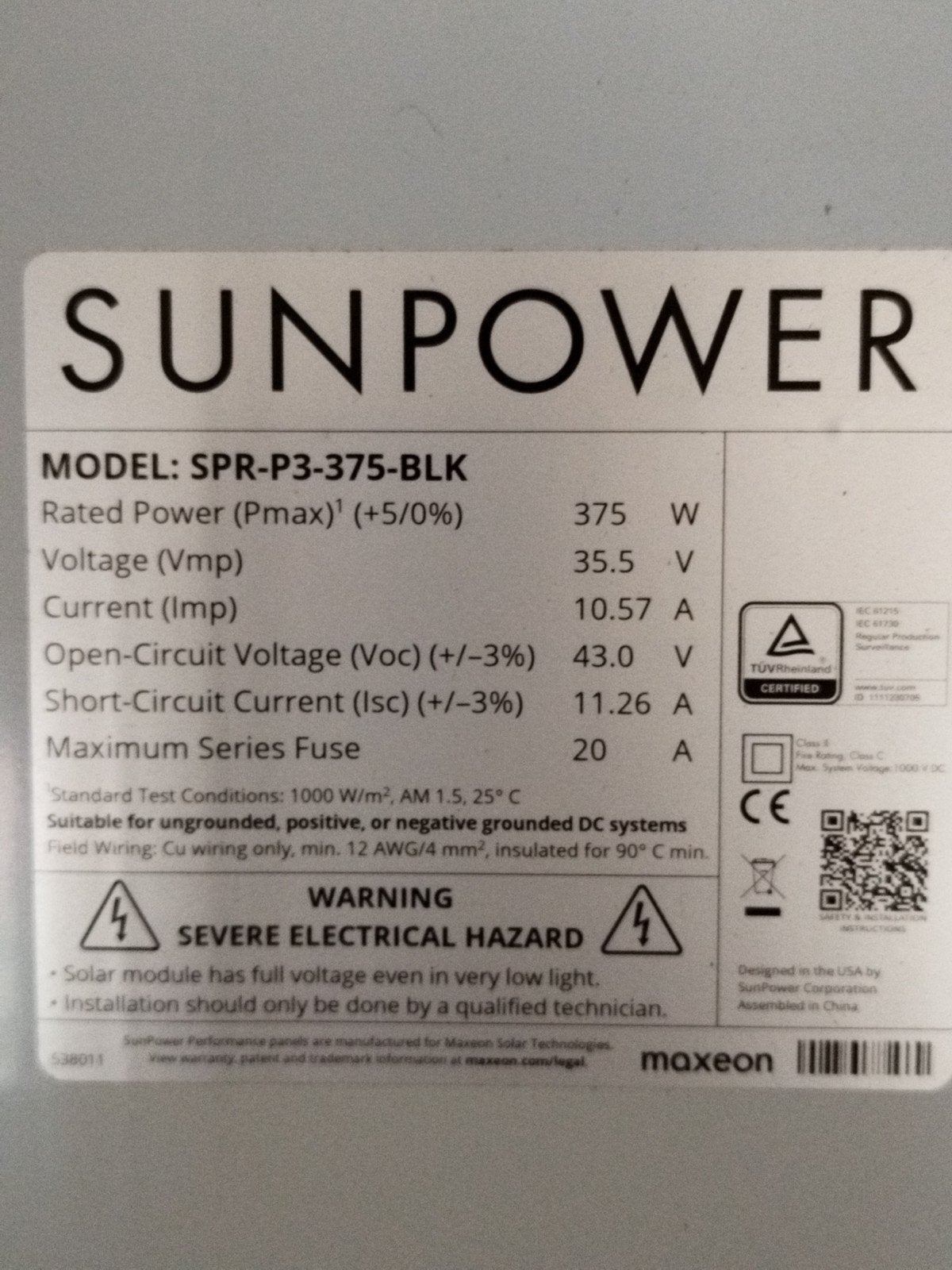 SunPower SPR-P3-375-BLK Zonnepaneel - 375 Wp, Ophalen of Verzenden, Gebruikt