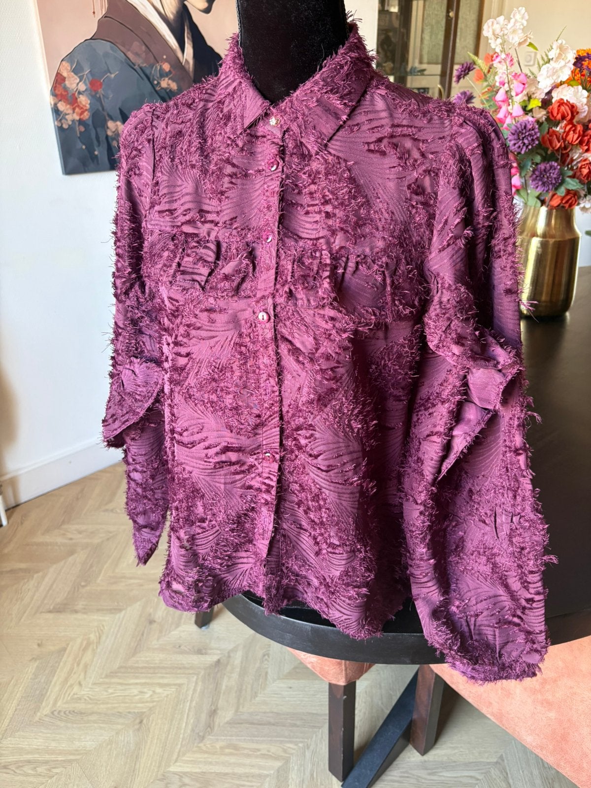 Aubergine fringe ruffle blouse, Ophalen of Verzenden, Nieuw, Maat 36 (S), Paars