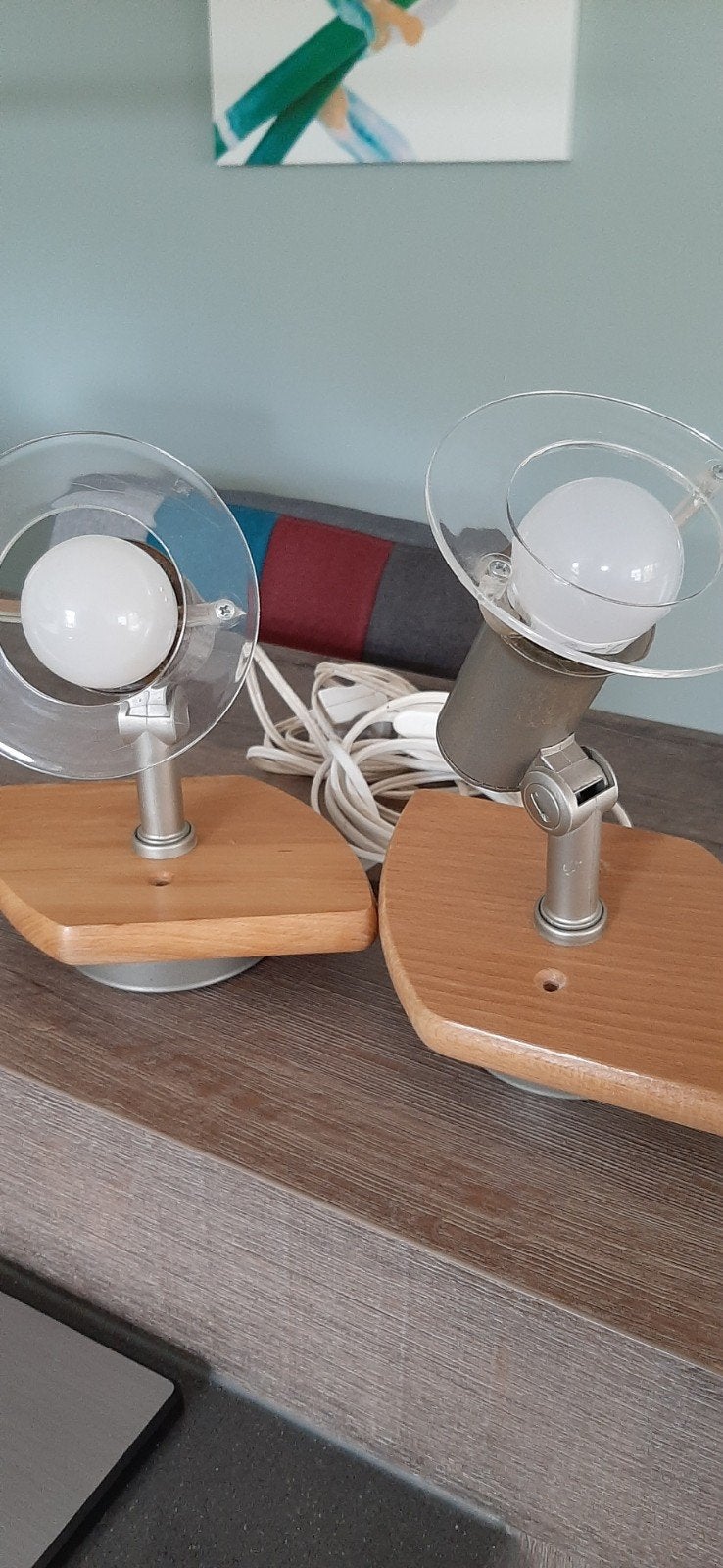 Set van 2 vintage spotjes met houten voet, Ophalen of Verzenden, Gebruikt, E14 (klein)