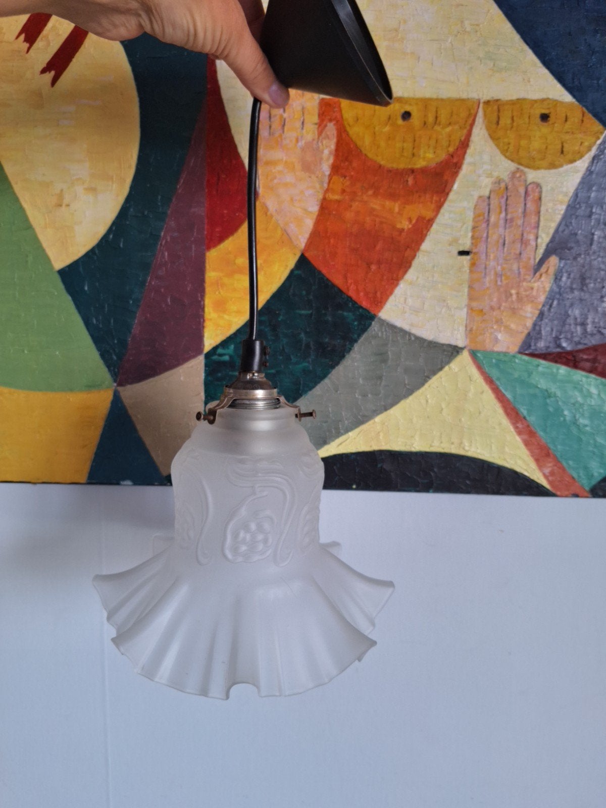 Vintage glazen hanglampje met geplooid design, Antiek en Kunst, Antiek | Lampen, Ophalen of Verzenden