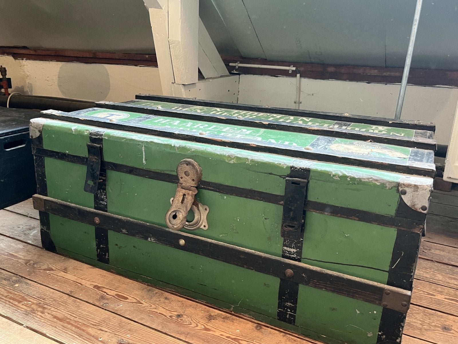 Zeer fraaie groene hutkoffer, Ophalen, Gebruikt, 50 tot 100 cm, 5 – 50