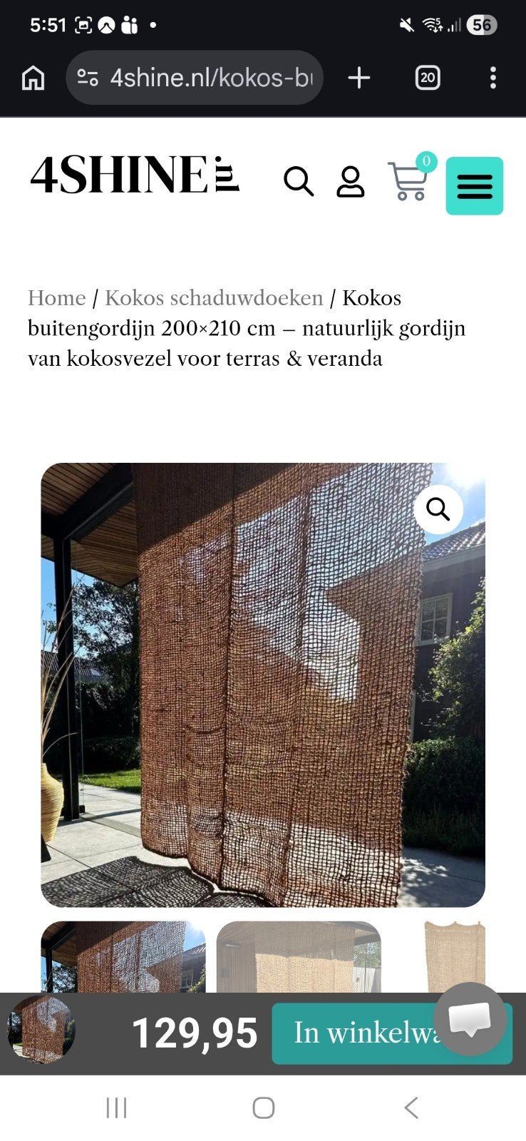 2x ZGAN 210x200 kokos buitengordijnen van 4Shine, Ophalen, Zo goed als nieuw