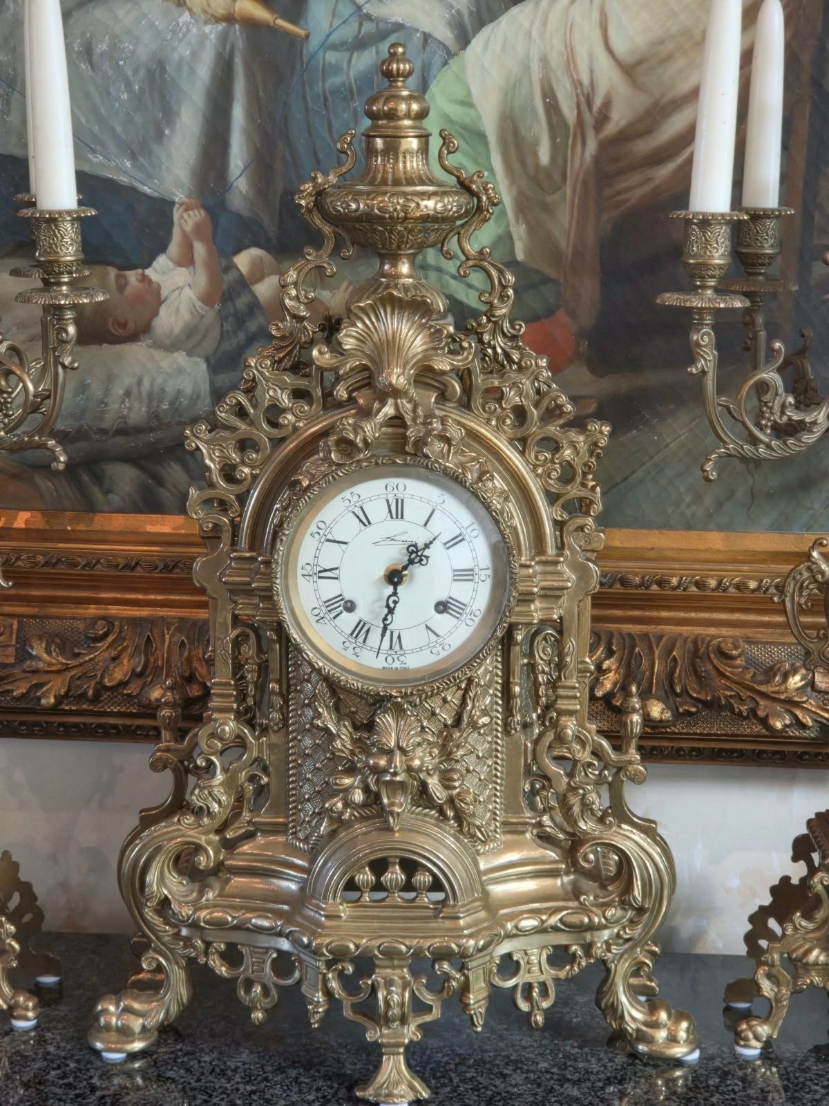Antieke bronzen klok met kandelaars Barokstijl 62cm, Antiek en Kunst, Ophalen of Verzenden