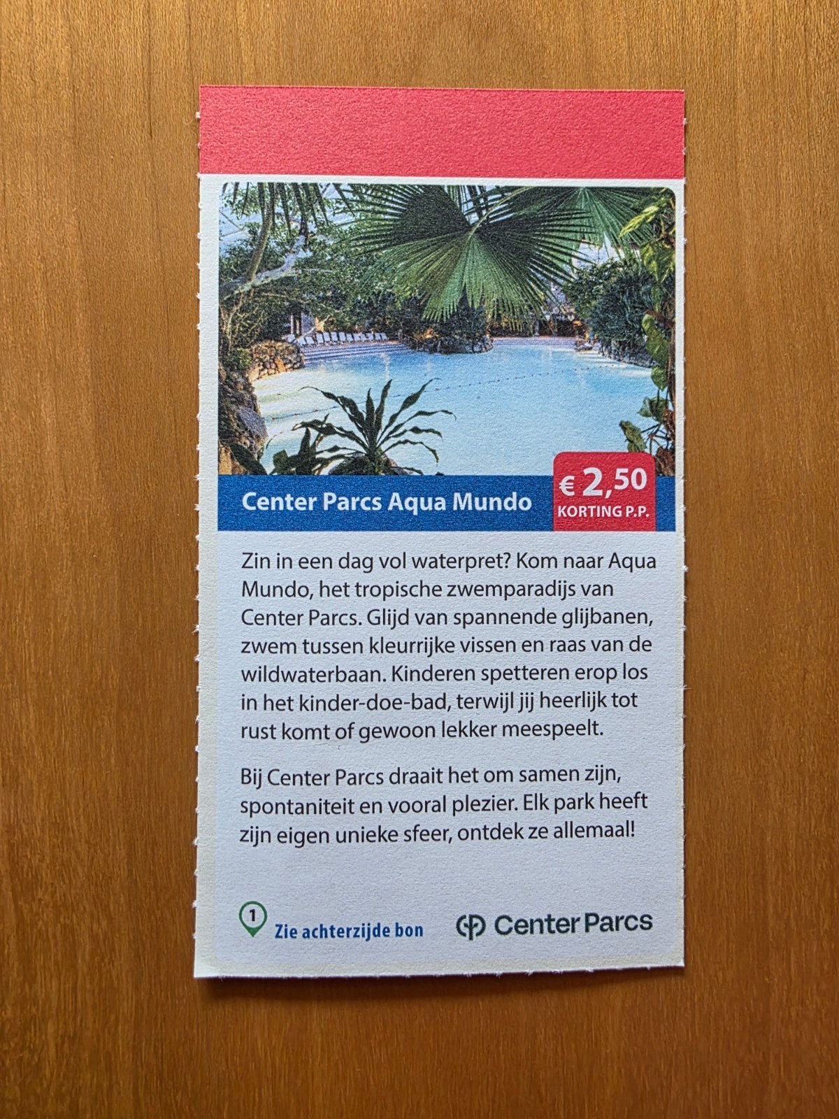 Center Parcs Aqua Mundo €2,50 korting per persoon, Tickets en Kaartjes, Kortingen en Cadeaubonnen, Drie personen of meer, Kortingsbon