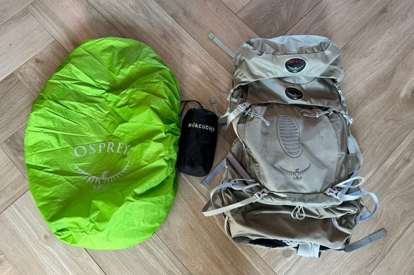 Ccomplete Osprey Aura 65 rugzak met regenhoes en reishoes, Ophalen, Gebruikt, Rugzak