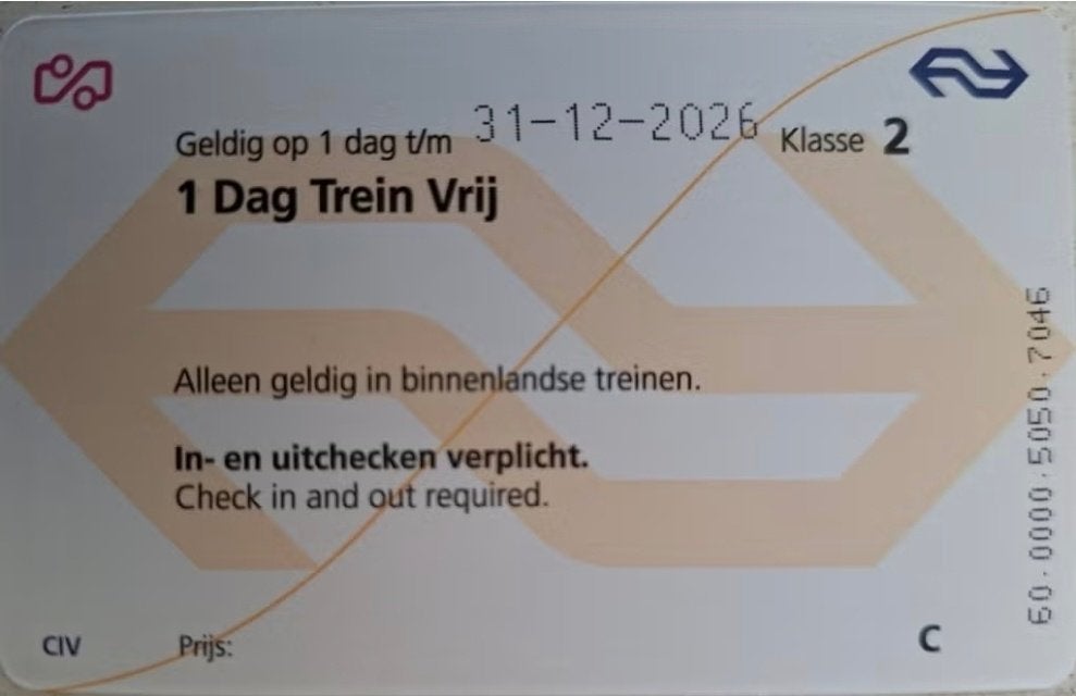 Ns dagkaart hel dag geldige ook in spits, Eén persoon, Trein, Nederland, Algemeen kaartje
