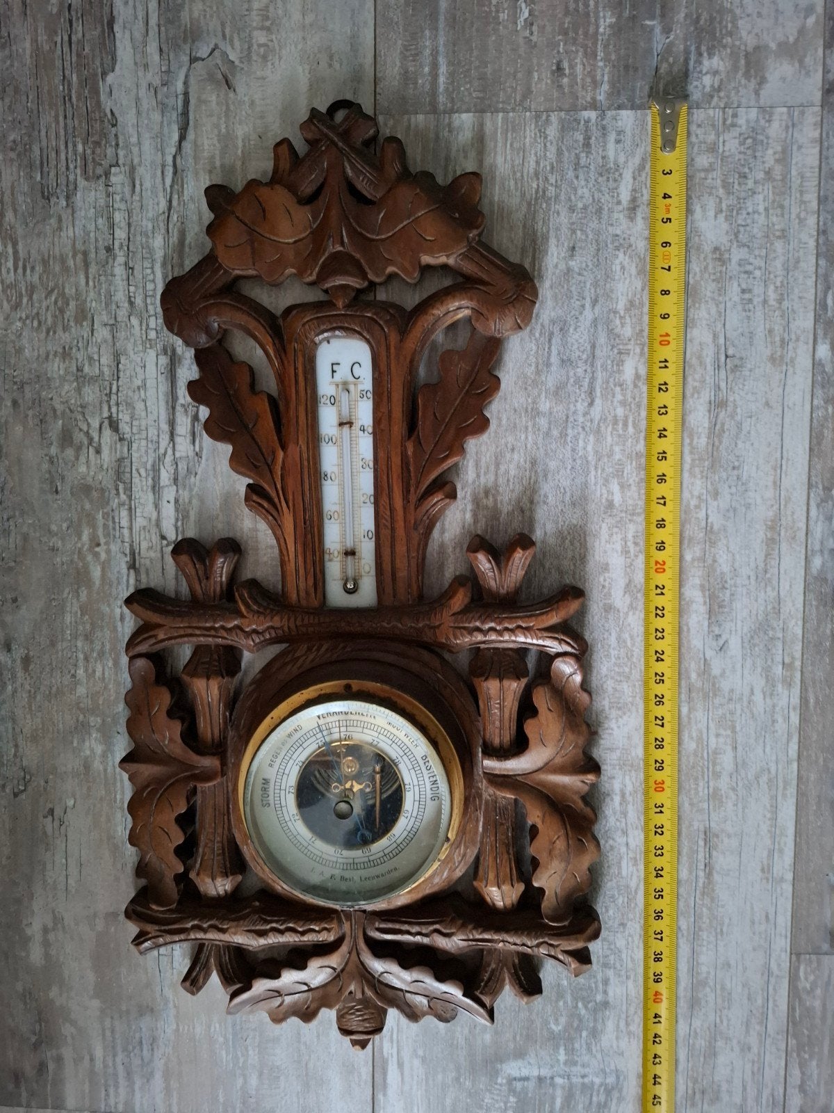 Antiek Houten Weerstation met Barometer en Thermometer, Ophalen of Verzenden, Gebruikt, Weerstation