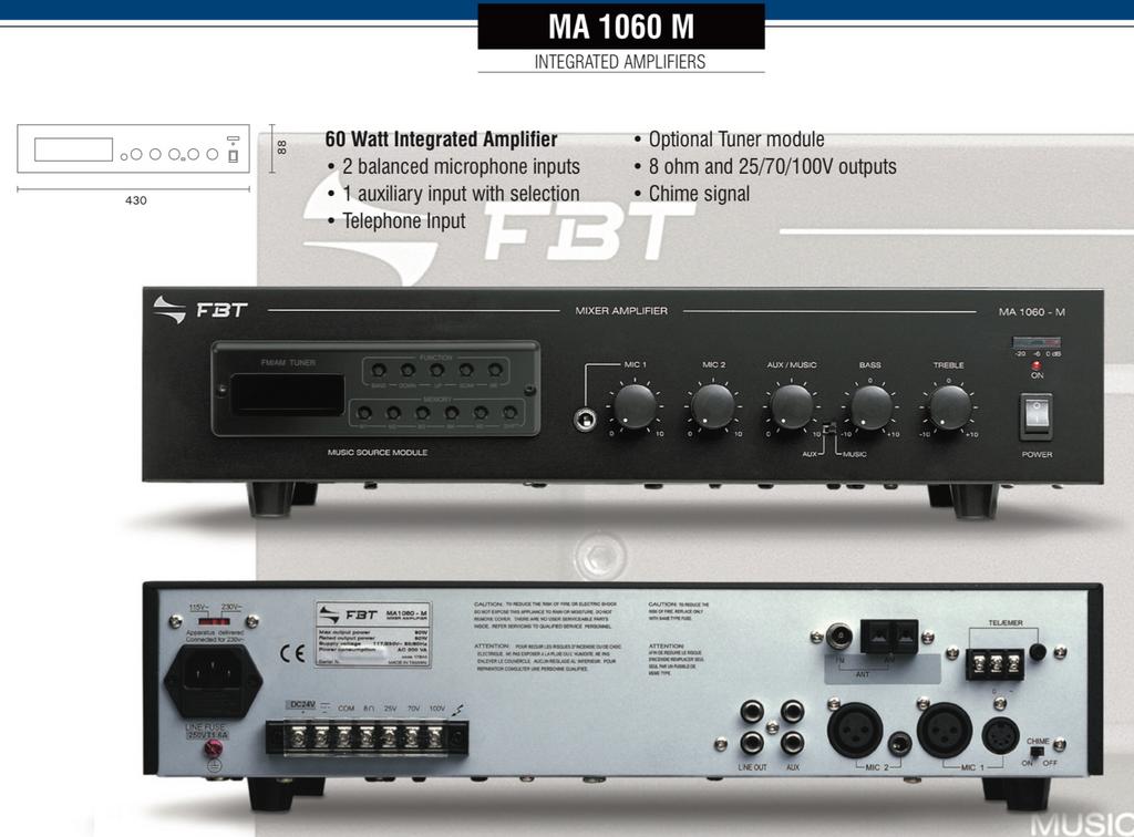 FBT MIXER AMPLIFIER, 2 X 60W, MA-1060-M., Audio, Tv en Foto, Professionele Audio-, Tv- en Video-apparatuur, Ophalen of Verzenden