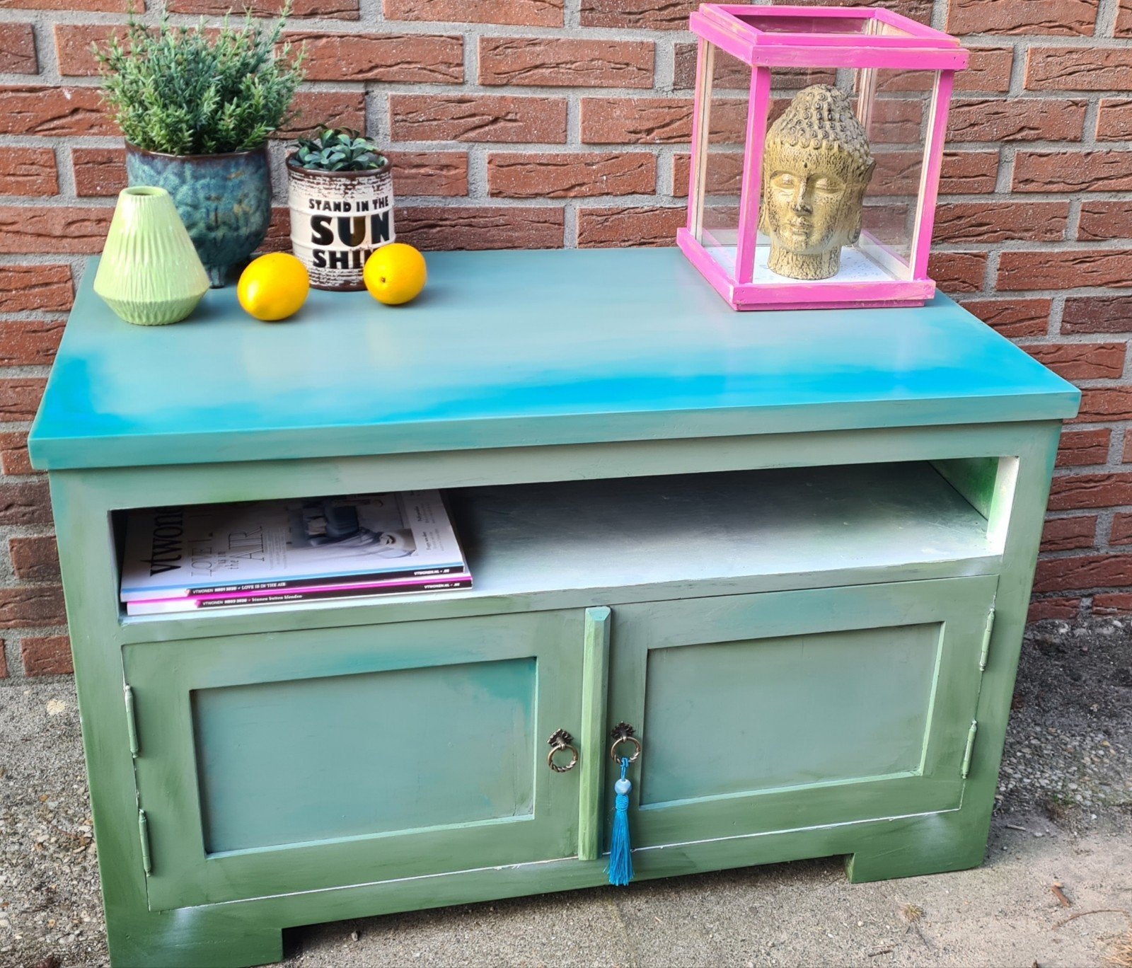 Tv-kastje klein dressoir vintage boho stijl groentinten, Ophalen, Bohemian, 50 tot 100 cm, Zo goed als nieuw