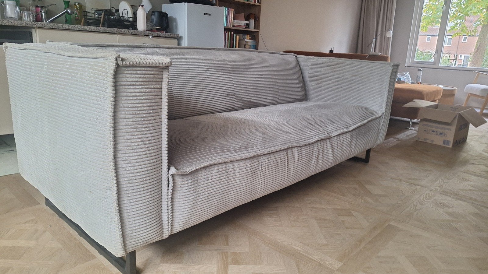 Comfortabele lichtgrijze ribstof bank - 220x95 cm, Ophalen