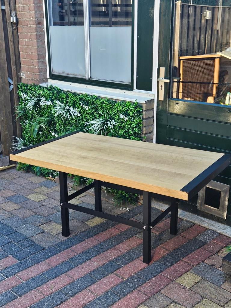 Eikenhouten buitentafel metalen onderstel rvs gecoat, Tuin en Terras, Ophalen, Nieuw, Rechthoekig, Hout
