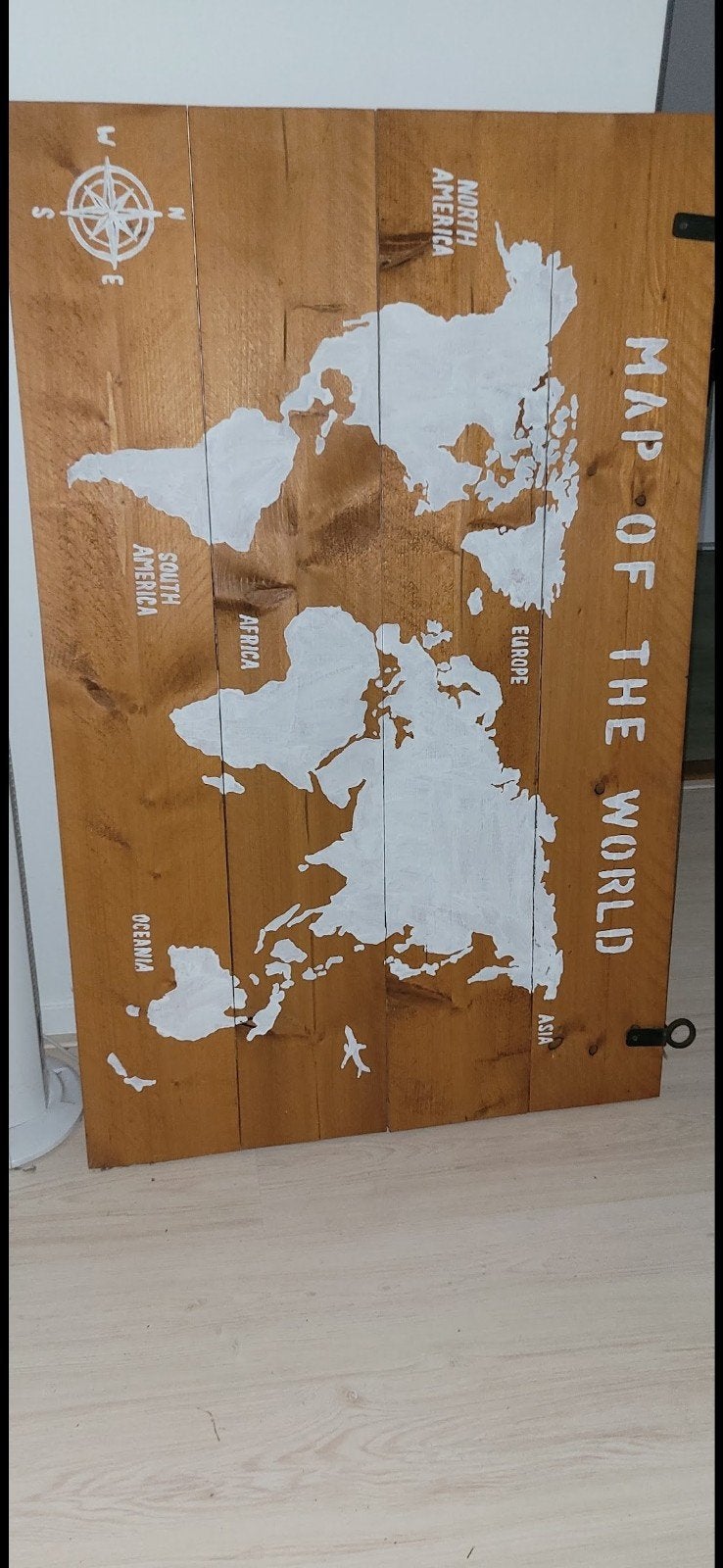 Grote houten wanddecoratie wereldkaart met ophangringen, Ophalen, Gebruikt, Hout, Bruin