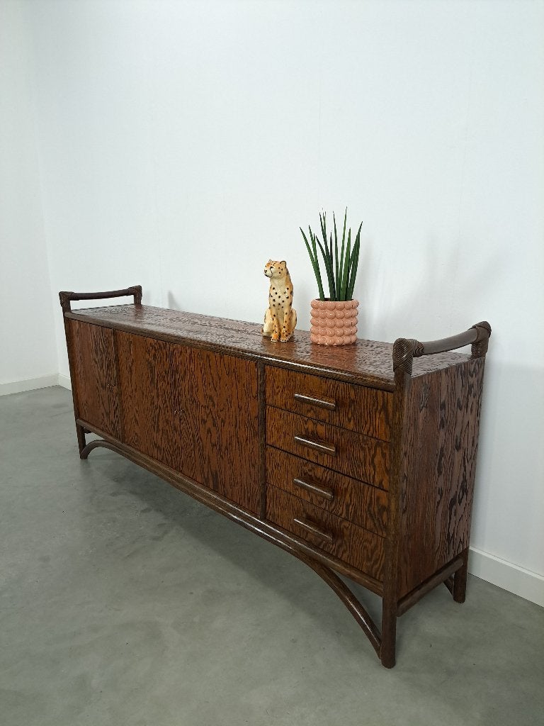Hout met bamboe dressoir met lades vintage, Gebruikt, 150 tot 200 cm, Vintage, Met lade(s)
