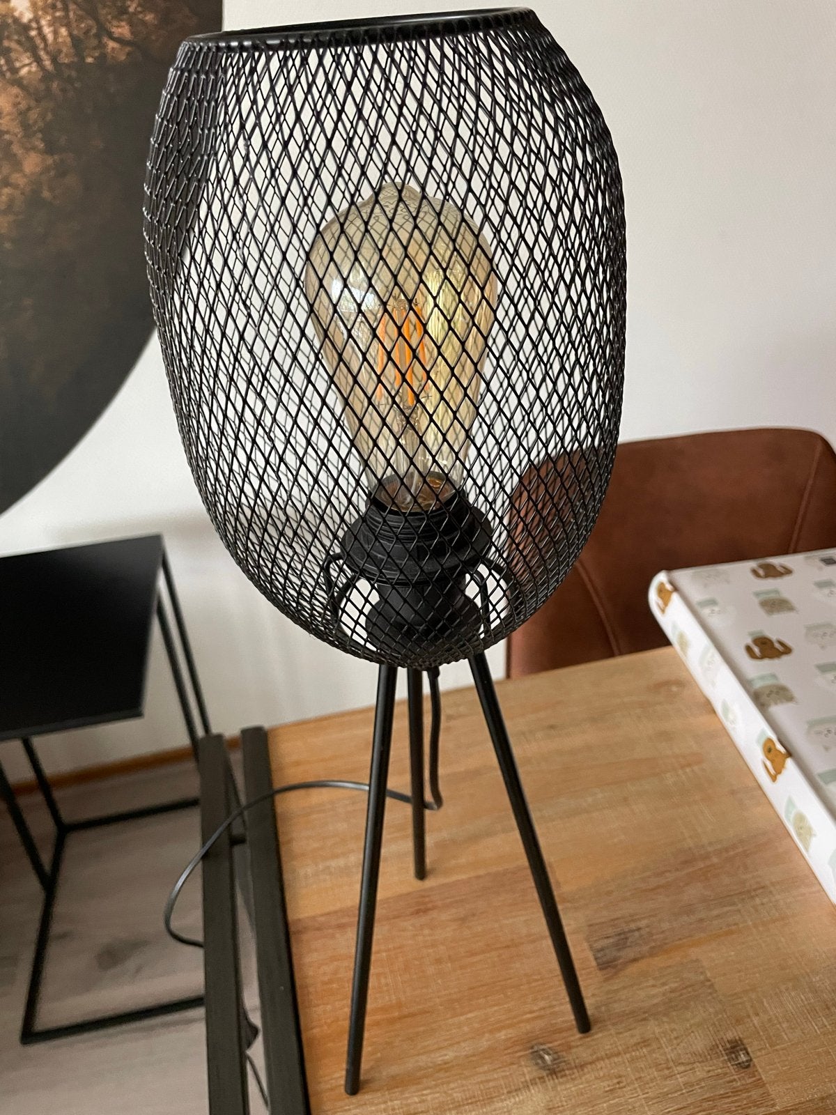 Zwarte tafellamp met draadframe en Edison lamp, Ophalen, Zwart, Modern, Sfeerlamp