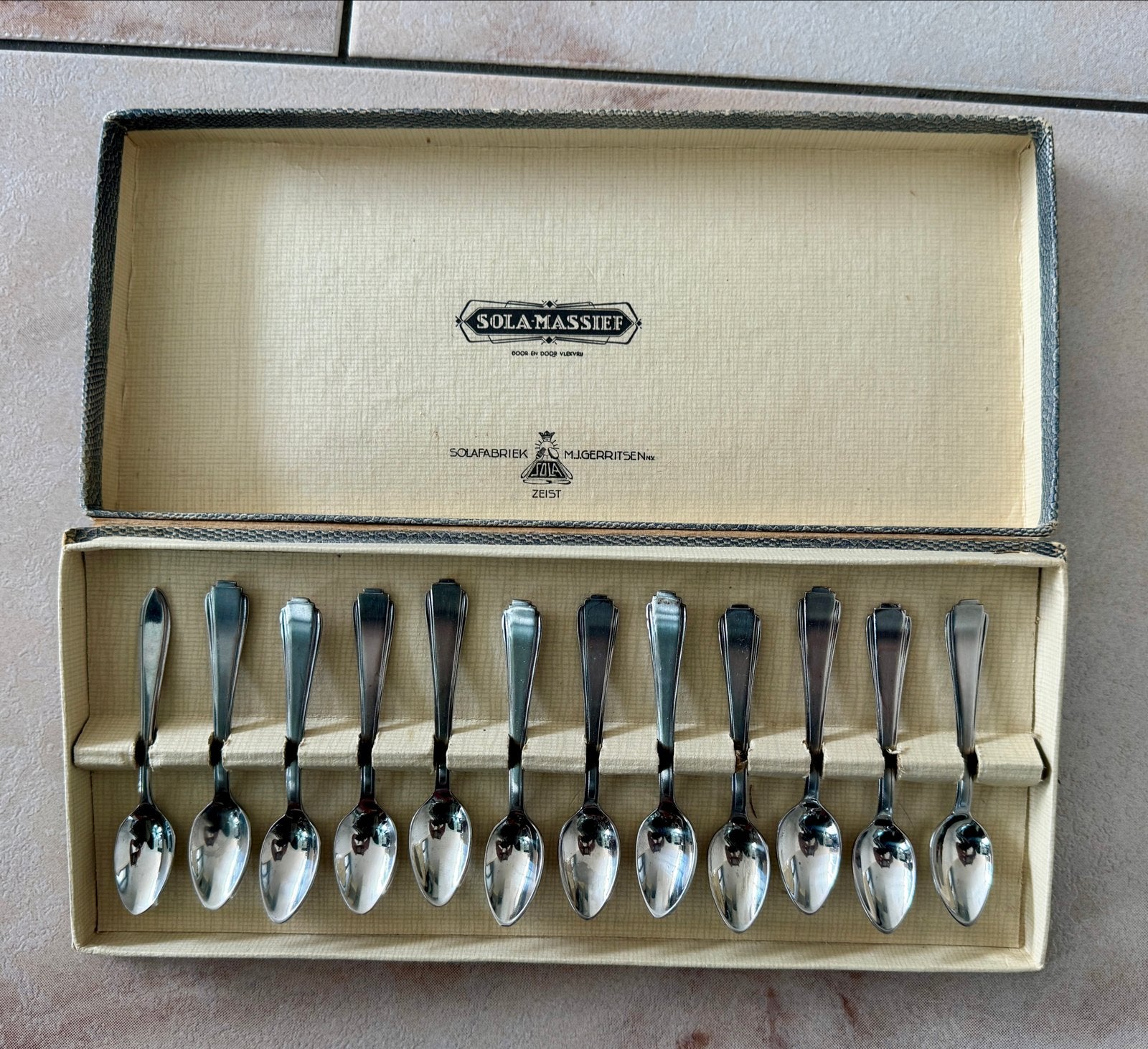 Vintage Sola jaren 50 thee/advocaat lepels in originele doos, Antiek en Kunst, Ophalen of Verzenden