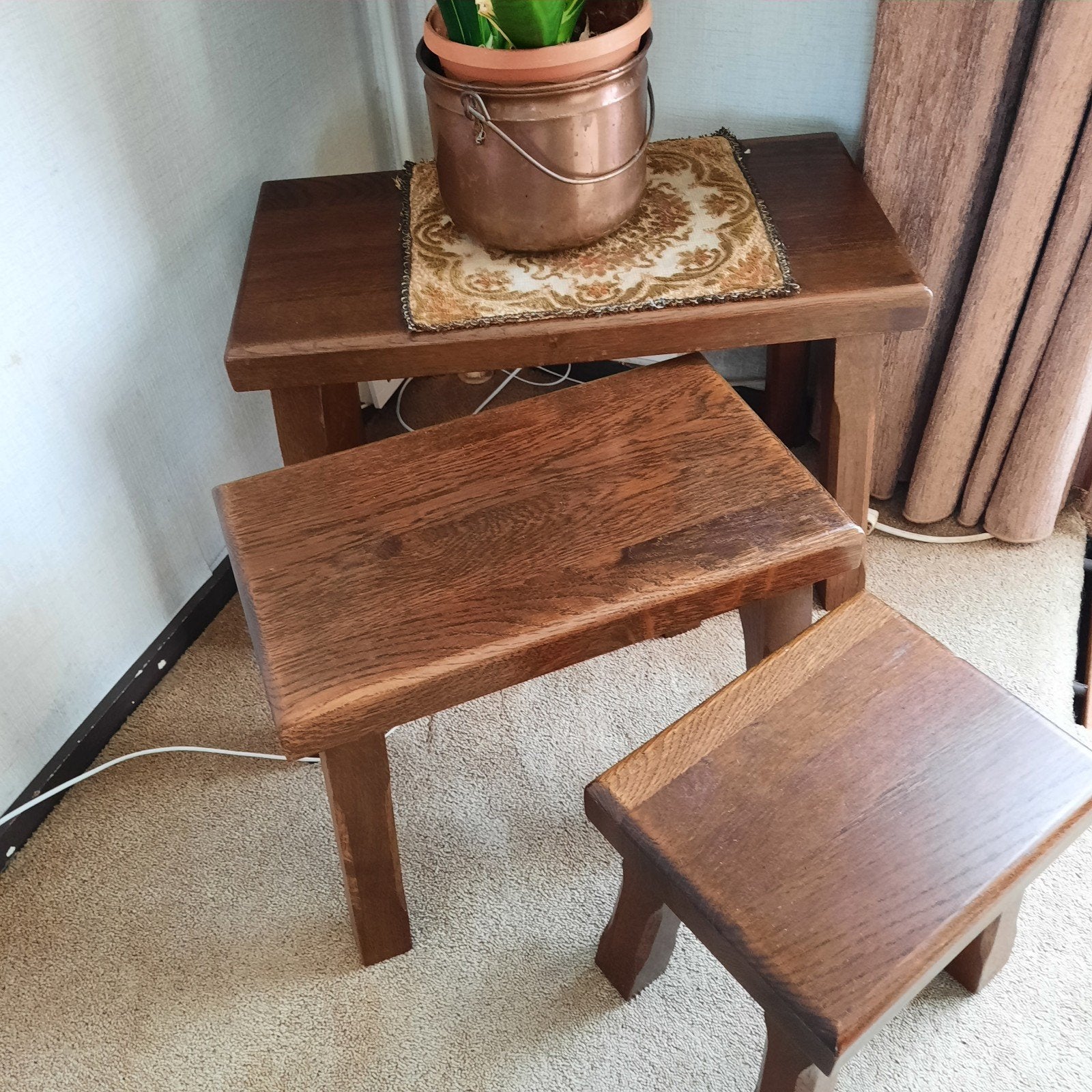 Set van 3 eiken bijzettafels, Minder dan 55 cm, Gebruikt, Rechthoekig, Hout
