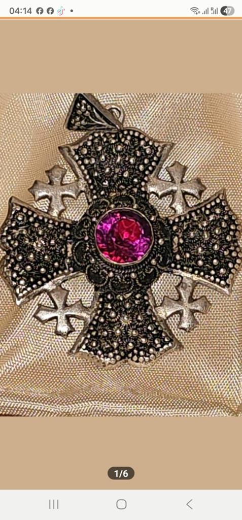 Antiek Zilveren Byzantijns Maltees Kruis met Robijn, Ophalen of Verzenden