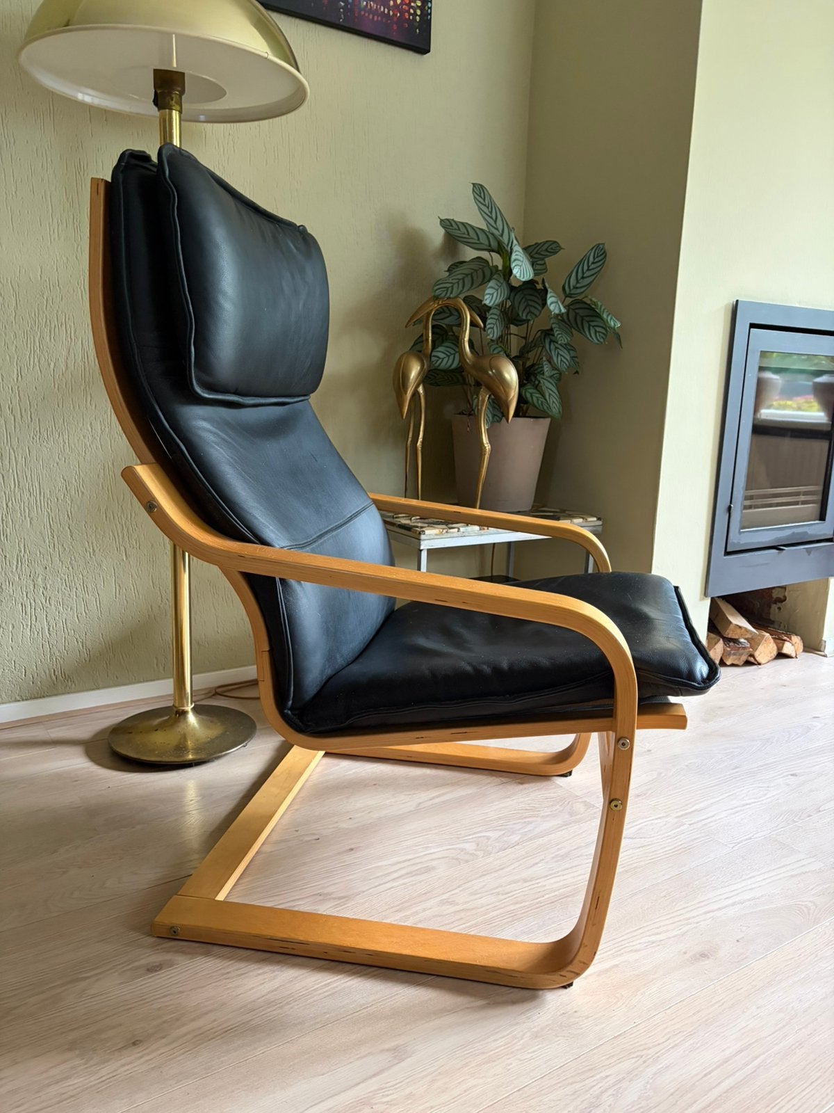 Vintage ikea Poäng fauteuil zwart leer, Ophalen, Gebruikt, Minder dan 75 cm, Leer