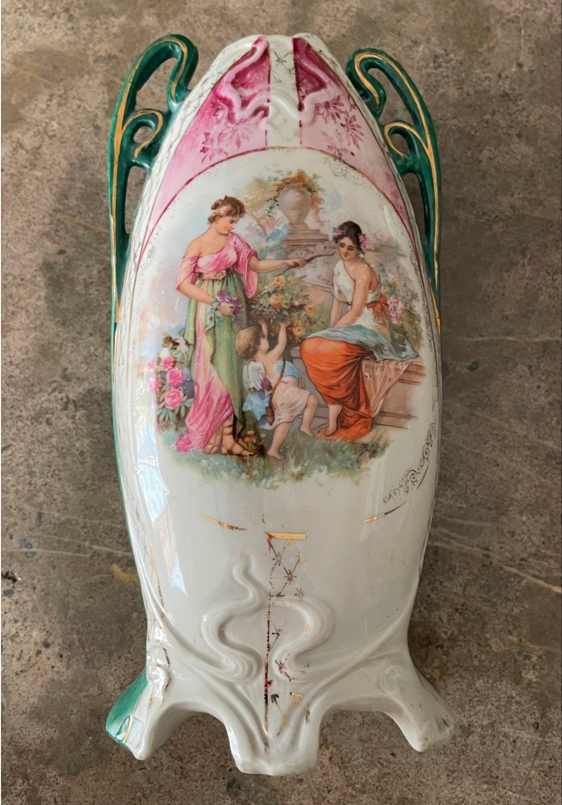 Vintage Porseleinen Kaufmann- stijl vaas met Klassieke Scène, Ophalen of Verzenden, Groen