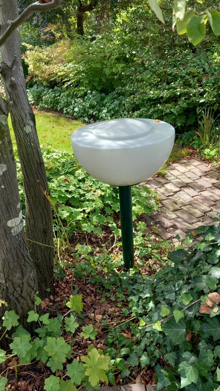Mooie buitenlamp met glazen kap en vloerplaat, Ophalen, Gebruikt, Glas, Vloerlamp