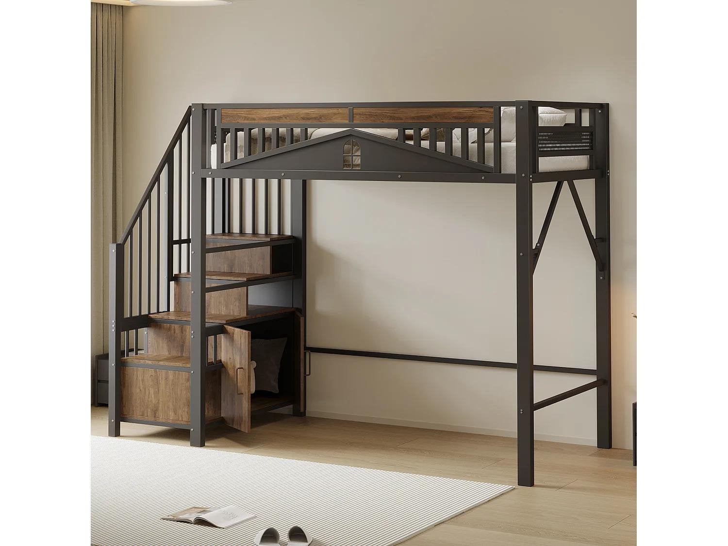 Metalen Hoogslaper 90x200 met opbergladder zwart NIEUW, Ophalen, Eenpersoons, Nieuw, 90 cm