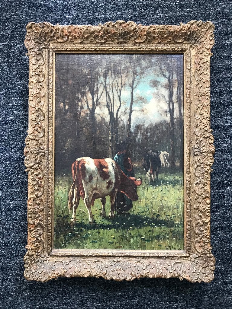 Willem Frederik Hulk W F Schilderij Koe Koeien Boerderij, Antiek en Kunst, Nederlandse school, Doek, Ophalen of Verzenden, Landschap