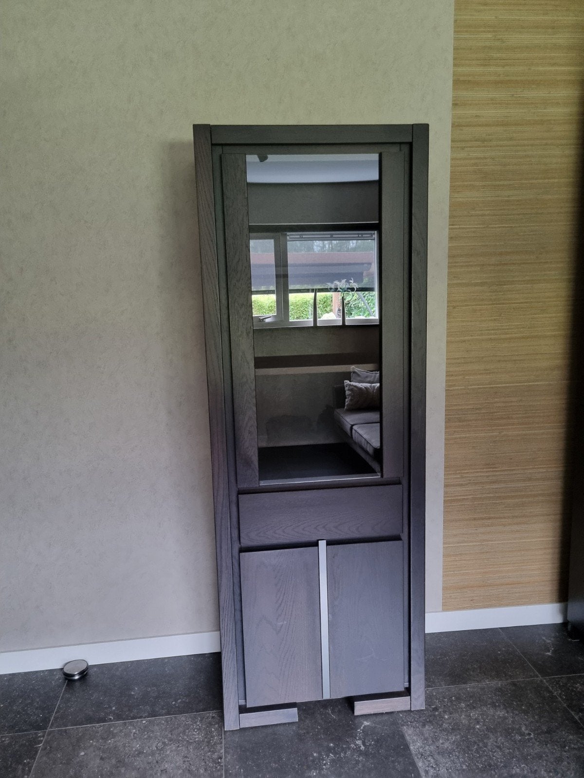 vitrinekast eiken wengé met glazen deur, Ophalen, Gebruikt, 50 tot 100 cm, 150 tot 200 cm