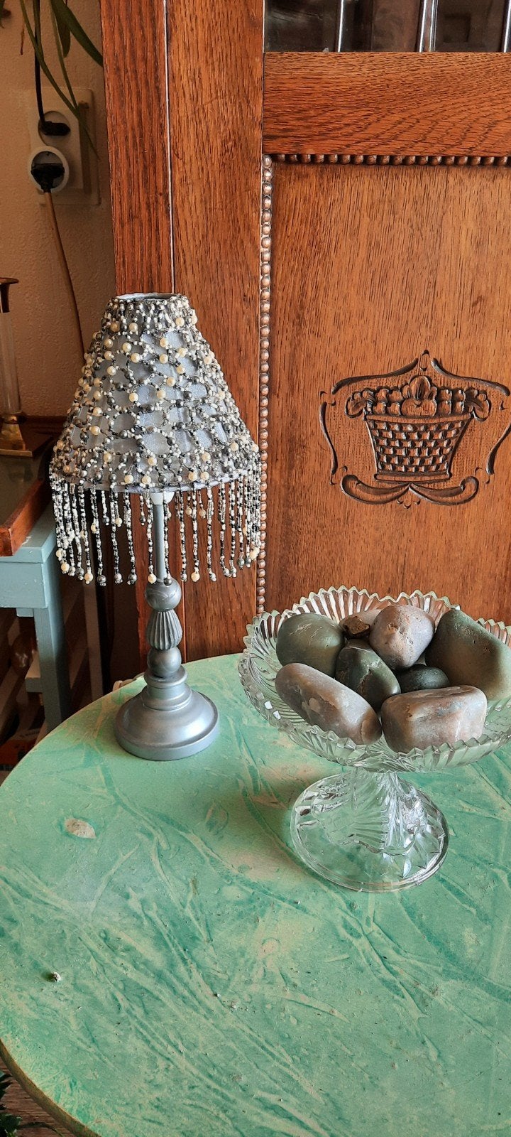 Vintage Tafellamp met parels en kralen, Gebruikt, Vintage, Meerkleurig, E14 (klein)