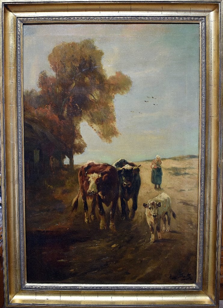 Henry Schouten (1860-1927): Boerin (O/D, 90 x 60 cm), Antiek en Kunst, Ophalen, Doek, Dieren, Klassiek