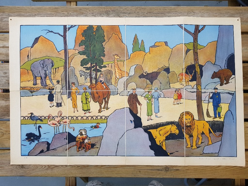 Dierentuin oude schoolplaat uit Frankrijk litho op canvas.