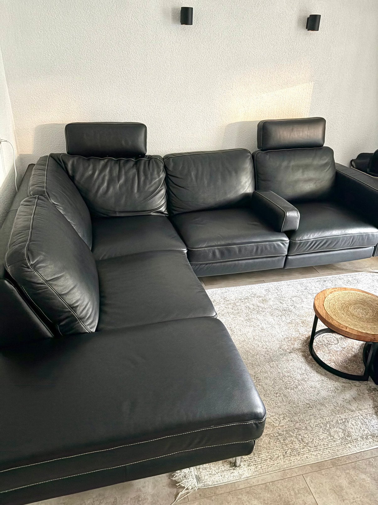 Zwart lederen hoekbank met relax zitting, Ophalen, Gebruikt, Leer