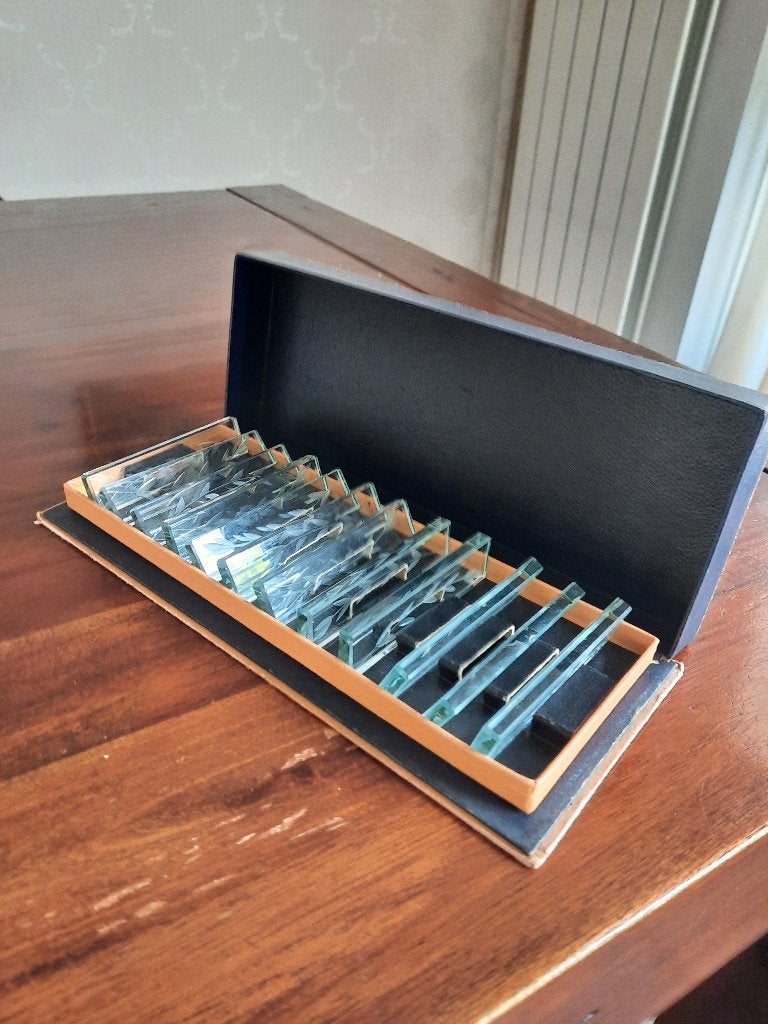 Antieke glazen messenleggers in originele doos, ca. 1930, Antiek en Kunst, Antiek | Bestek, Ophalen