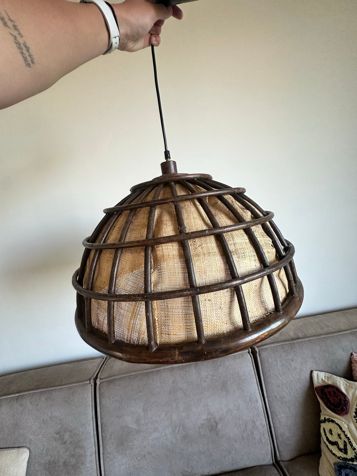 Vintage Houten Kooi Hanglamp met jutten Bekleding, Ophalen
