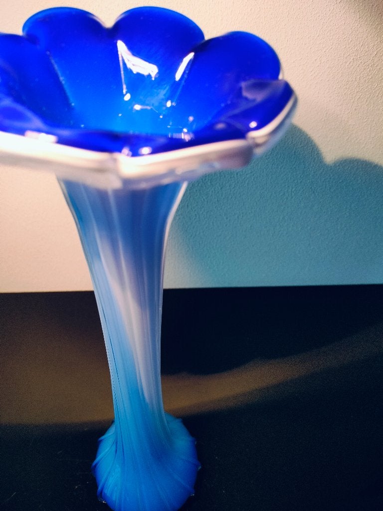 Murano Vaas Trompet Blauw Ribbels 1980, Ophalen of Verzenden